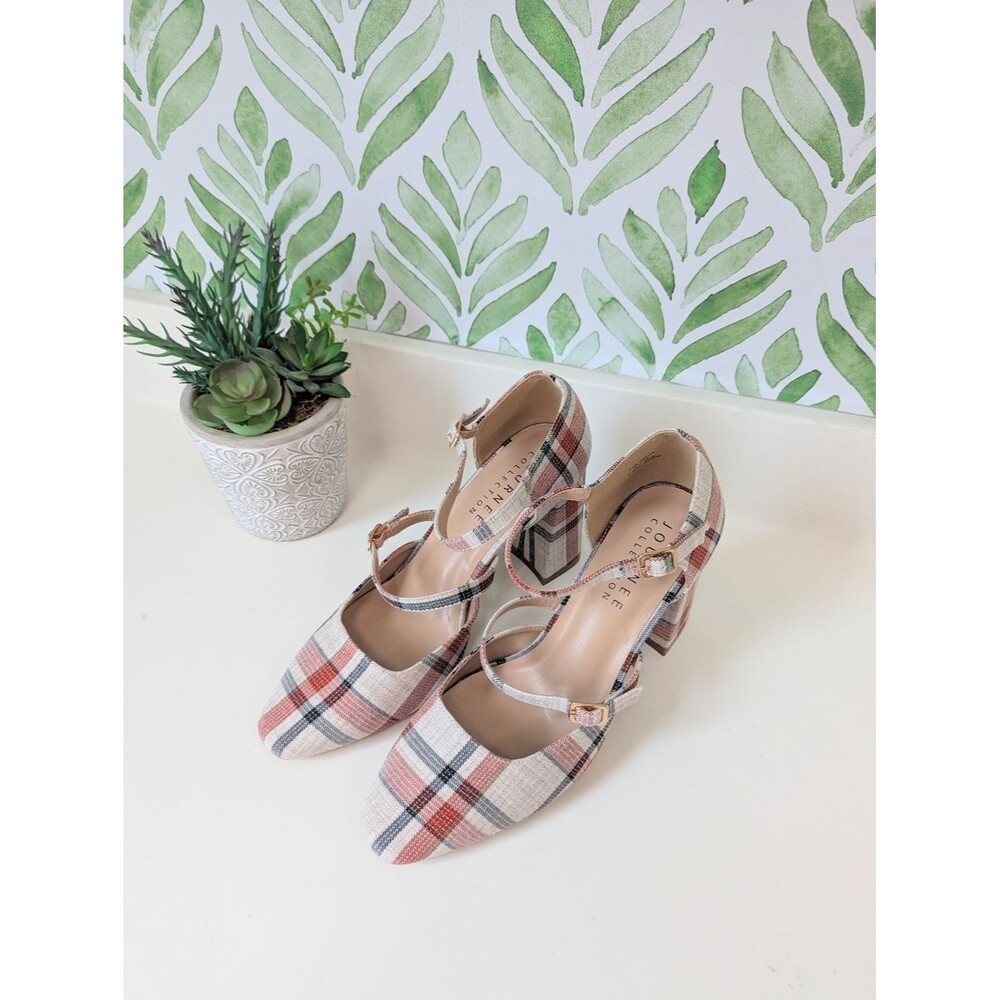 Plaid Double-Strap Block Heels Pink Cream Isadora Journee Collection 9.5 NEW - Picture 3 of 10